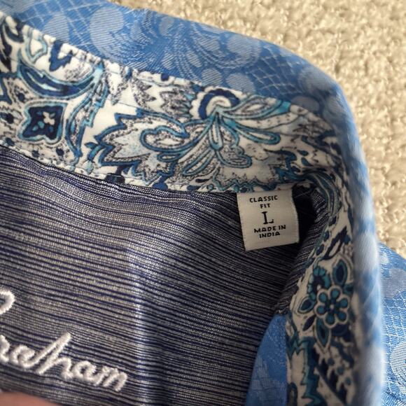Robert Graham Shirt Mens Sz L Blue Paisley Floral Short Sleeve Cotton Button Up - Picture 3 of 10